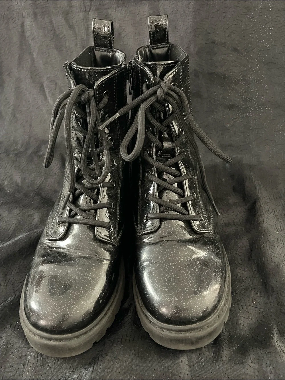 art class Black Glitter Patent Lace-Up Combat Boots with Lug Sole